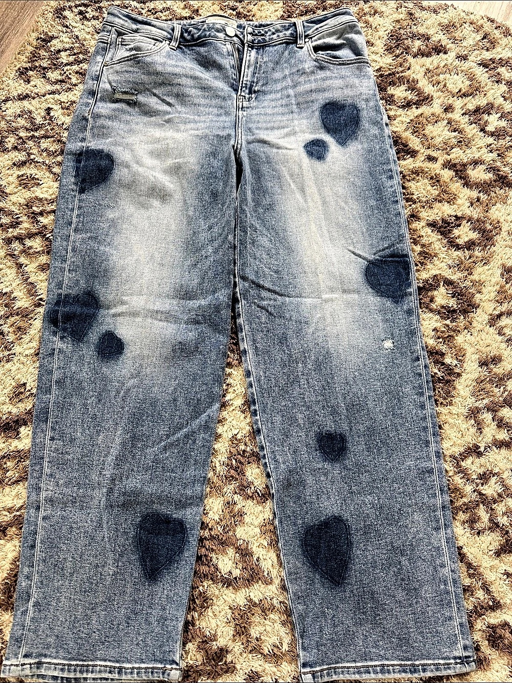 Risen High Rise Wide Leg Jeans with Heart Back Pocket and on front.